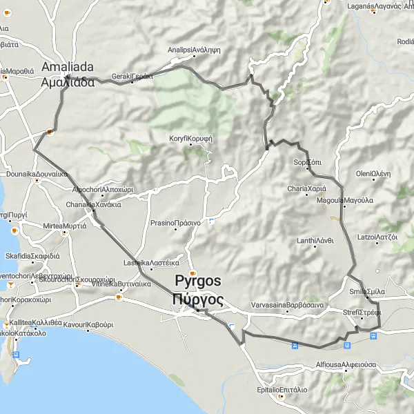 Map miniature of "Karatoúla's Charm" cycling inspiration in Dytiki Elláda, Greece. Generated by Tarmacs.app cycling route planner