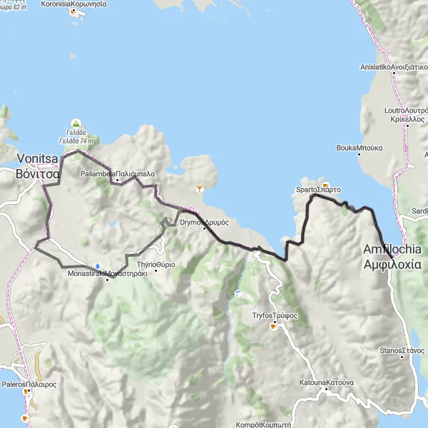 Map miniature of "Amfilochía Coast Loop" cycling inspiration in Dytiki Elláda, Greece. Generated by Tarmacs.app cycling route planner
