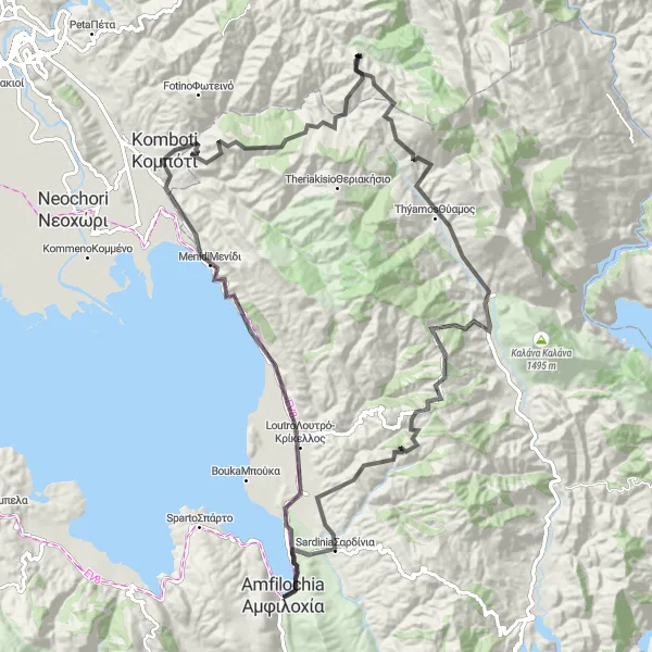 Map miniature of "Amfilochía to Loutro Loop" cycling inspiration in Dytiki Elláda, Greece. Generated by Tarmacs.app cycling route planner