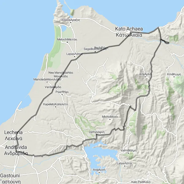 Map miniature of "Kaminia - Ano Soudenaiika Loop" cycling inspiration in Dytiki Elláda, Greece. Generated by Tarmacs.app cycling route planner