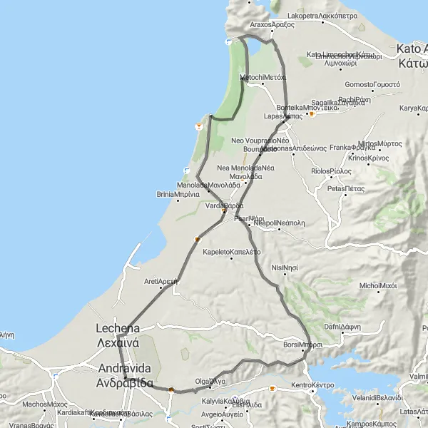 Map miniature of "Lechaina - Kalogria Loop" cycling inspiration in Dytiki Elláda, Greece. Generated by Tarmacs.app cycling route planner