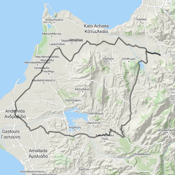 Map miniature of "Andravida - Island of Isoma Loop" cycling inspiration in Dytiki Elláda, Greece. Generated by Tarmacs.app cycling route planner