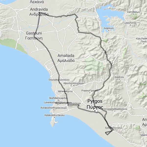 Map miniature of "Exploring the Enchanting Countryside - Road Cycling Adventure" cycling inspiration in Dytiki Elláda, Greece. Generated by Tarmacs.app cycling route planner