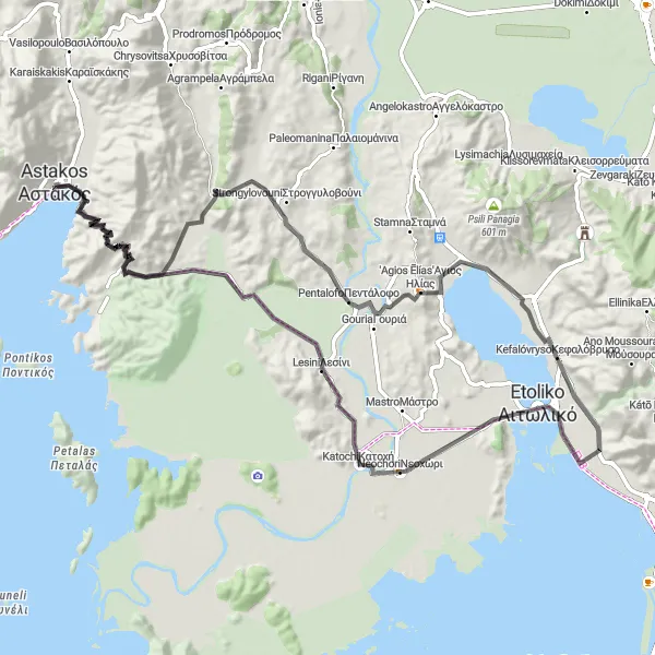 Map miniature of "Astakos to Neóchori and back" cycling inspiration in Dytiki Elláda, Greece. Generated by Tarmacs.app cycling route planner