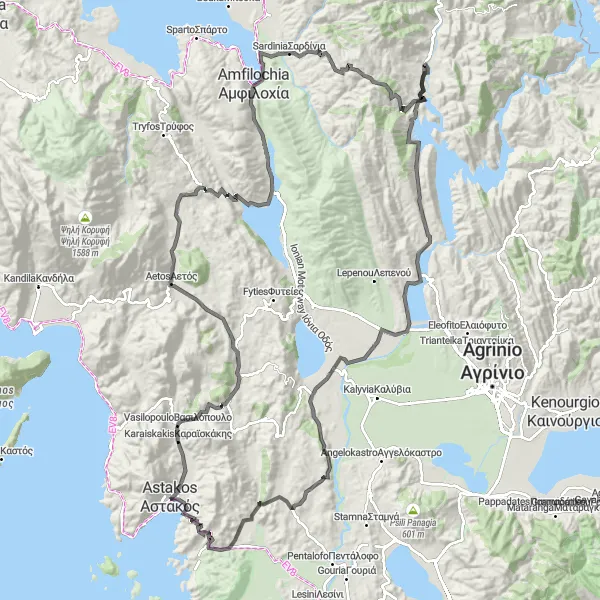 Map miniature of "Astakos Loop: A Coastal Ride through Amfilochia and Stratos" cycling inspiration in Dytiki Elláda, Greece. Generated by Tarmacs.app cycling route planner