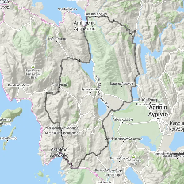Map miniature of "Astakos to Amfilochia Loop: Coastal Beauty and Ancient History" cycling inspiration in Dytiki Elláda, Greece. Generated by Tarmacs.app cycling route planner