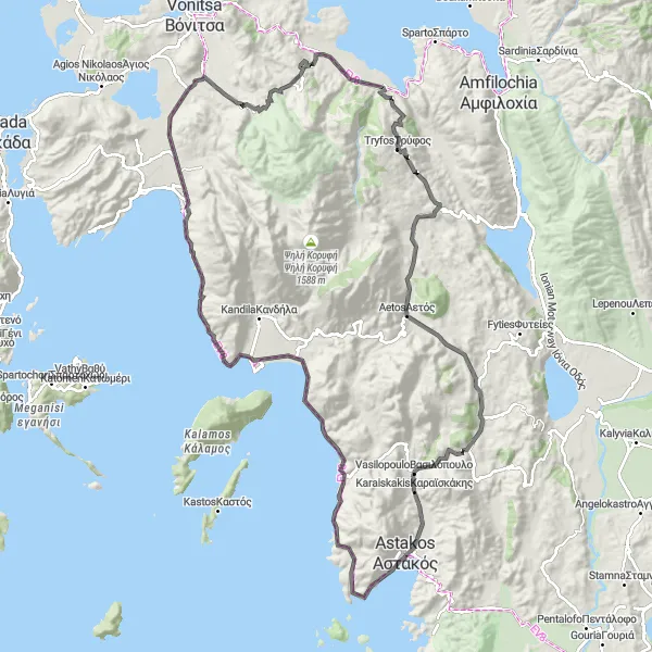 Map miniature of "Astakos to Páliros and back" cycling inspiration in Dytiki Elláda, Greece. Generated by Tarmacs.app cycling route planner