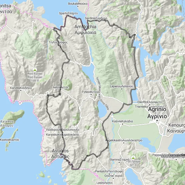 Map miniature of "Astakos to Tryfos and back" cycling inspiration in Dytiki Elláda, Greece. Generated by Tarmacs.app cycling route planner