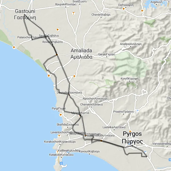 Map miniature of "Gastoúni Countryside Ride" cycling inspiration in Dytiki Elláda, Greece. Generated by Tarmacs.app cycling route planner