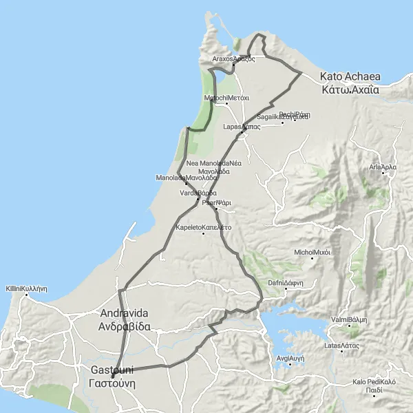 Map miniature of "Lechaina Coastal Ride" cycling inspiration in Dytiki Elláda, Greece. Generated by Tarmacs.app cycling route planner