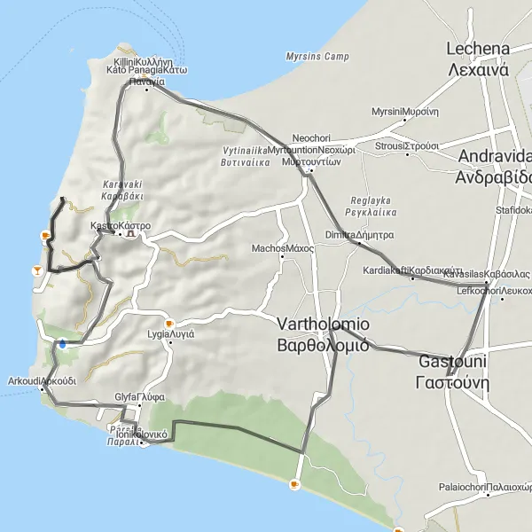 Map miniature of "Gastoúni Highlights" cycling inspiration in Dytiki Elláda, Greece. Generated by Tarmacs.app cycling route planner