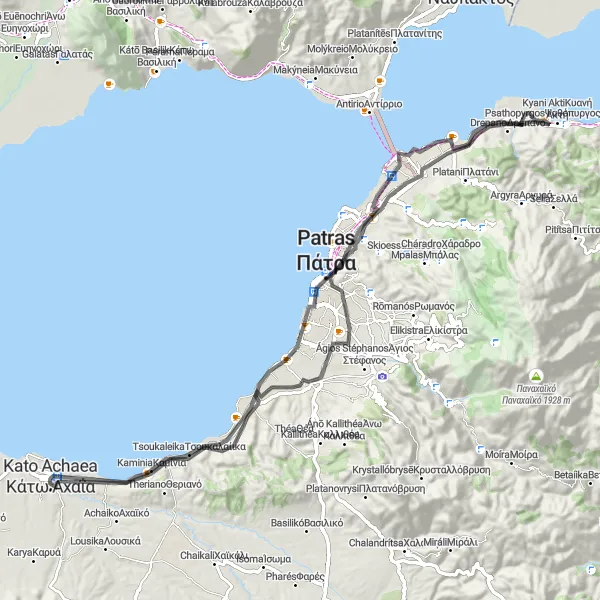 Map miniature of "Coastal Ride from Káto Achaḯa to Patras" cycling inspiration in Dytiki Elláda, Greece. Generated by Tarmacs.app cycling route planner