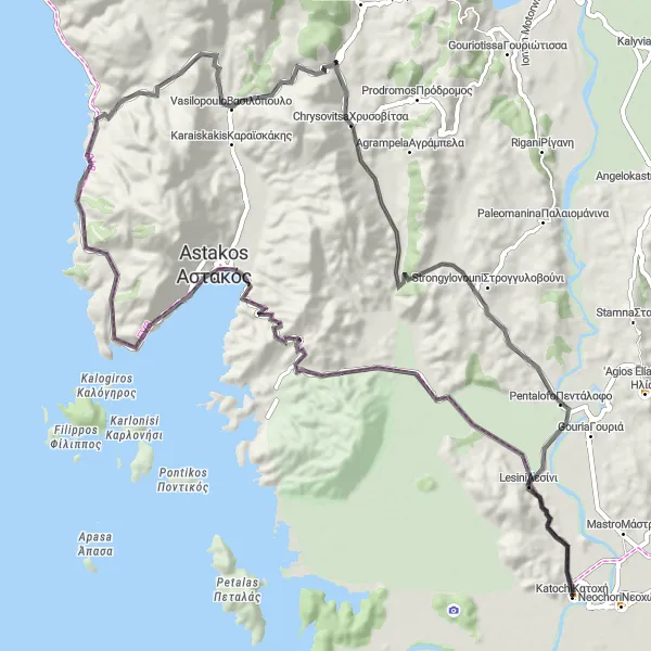 Map miniature of "Katochí to Pentalofo Road Cycling Challenge" cycling inspiration in Dytiki Elláda, Greece. Generated by Tarmacs.app cycling route planner