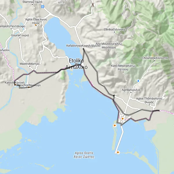 Map miniature of "Katochí - Etoliko - Neochori Route" cycling inspiration in Dytiki Elláda, Greece. Generated by Tarmacs.app cycling route planner