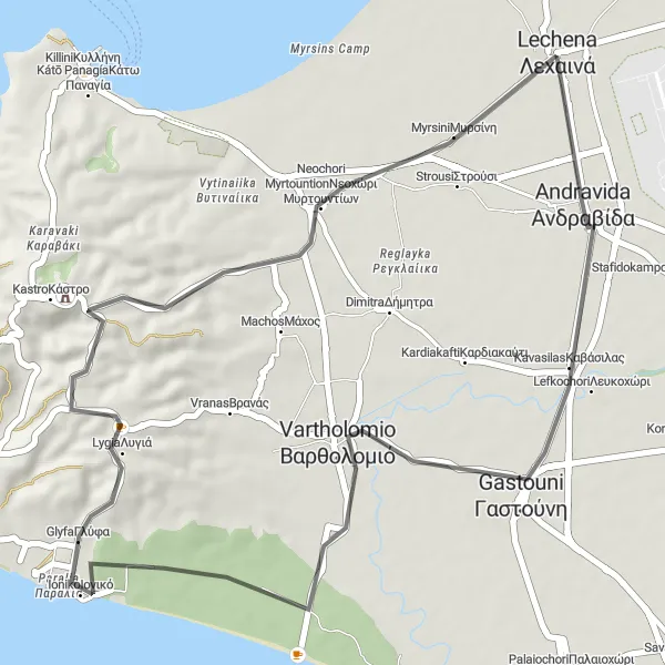 Map miniature of "Andravida Loop" cycling inspiration in Dytiki Elláda, Greece. Generated by Tarmacs.app cycling route planner