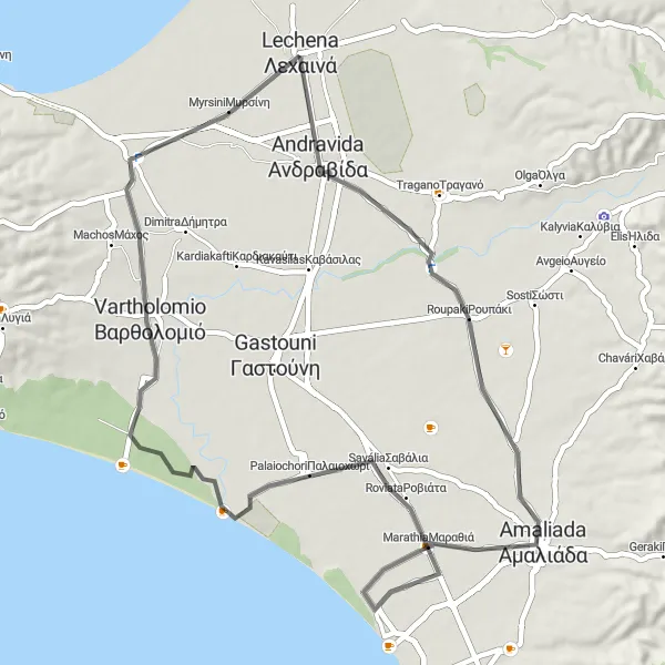 Map miniature of "Marathia Circuit" cycling inspiration in Dytiki Elláda, Greece. Generated by Tarmacs.app cycling route planner