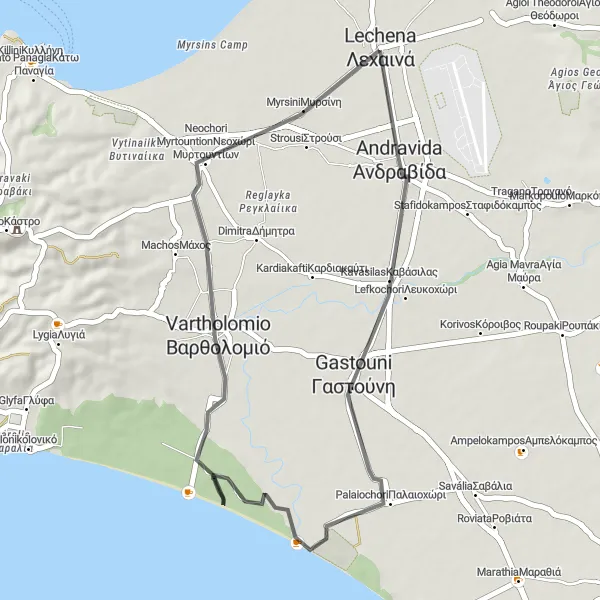 Map miniature of "Lechainá and Andfative round-trip" cycling inspiration in Dytiki Elláda, Greece. Generated by Tarmacs.app cycling route planner