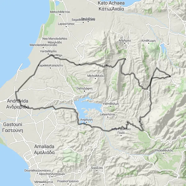 Map miniature of "Scenic Road Cycling Adventure from Lechainá" cycling inspiration in Dytiki Elláda, Greece. Generated by Tarmacs.app cycling route planner