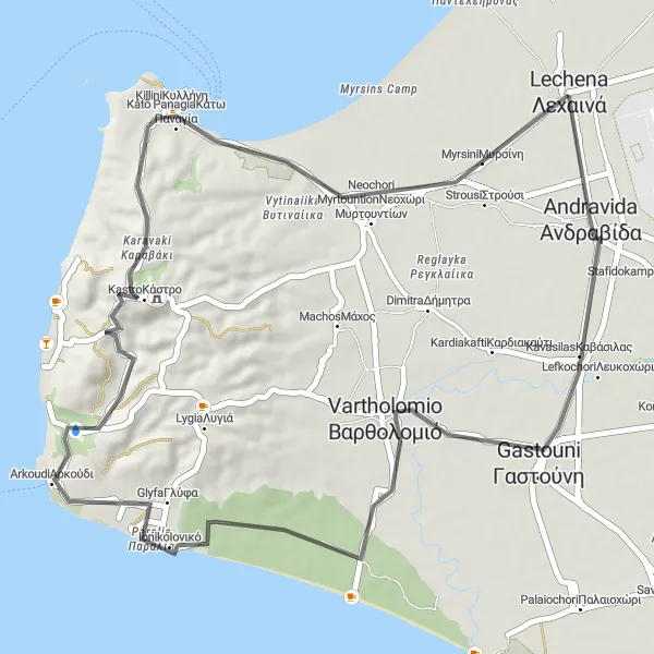 Map miniature of "Short and Scenic Road Cycling Experience near Lechainá" cycling inspiration in Dytiki Elláda, Greece. Generated by Tarmacs.app cycling route planner