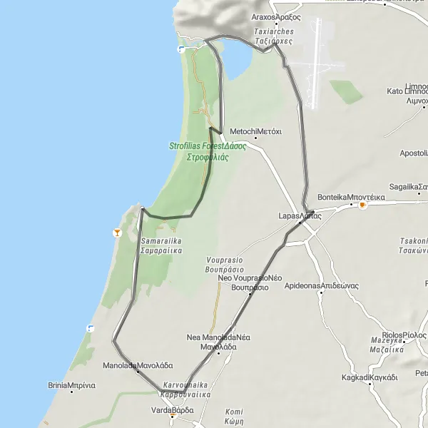 Map miniature of "Manoláda Birdwatching Route" cycling inspiration in Dytiki Elláda, Greece. Generated by Tarmacs.app cycling route planner