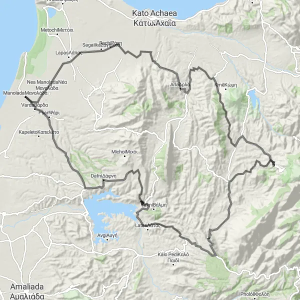 Map miniature of "Ride to Erymanthos" cycling inspiration in Dytiki Elláda, Greece. Generated by Tarmacs.app cycling route planner