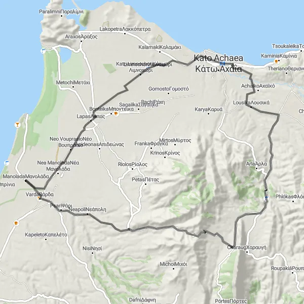 Map miniature of "Niforaíika Hills" cycling inspiration in Dytiki Elláda, Greece. Generated by Tarmacs.app cycling route planner