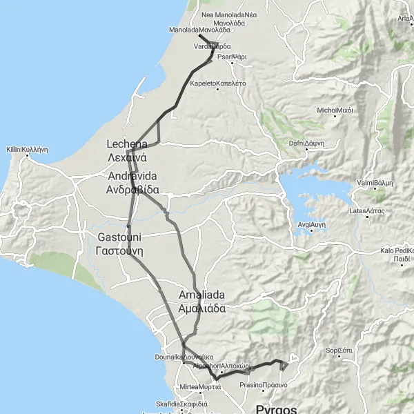 Map miniature of "Andravída Loop" cycling inspiration in Dytiki Elláda, Greece. Generated by Tarmacs.app cycling route planner