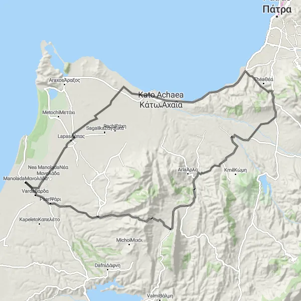 Map miniature of "Kaminia and Vasilikó Adventure" cycling inspiration in Dytiki Elláda, Greece. Generated by Tarmacs.app cycling route planner