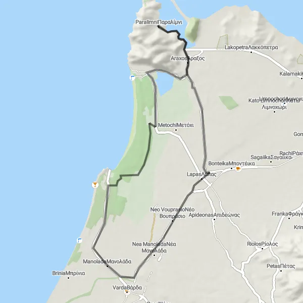 Map miniature of "Scenic Route to Paralimni" cycling inspiration in Dytiki Elláda, Greece. Generated by Tarmacs.app cycling route planner