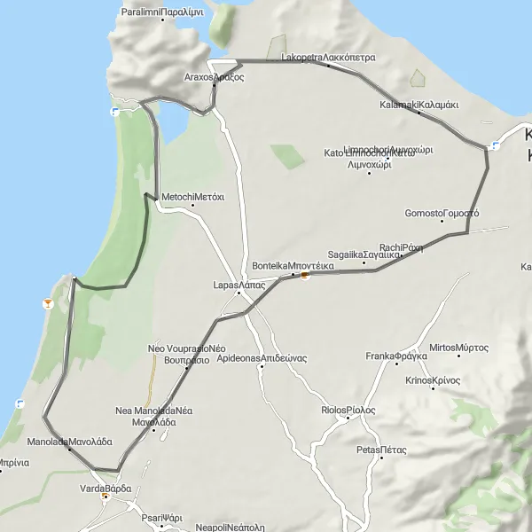 Map miniature of "Exploring Coastal Beauty" cycling inspiration in Dytiki Elláda, Greece. Generated by Tarmacs.app cycling route planner