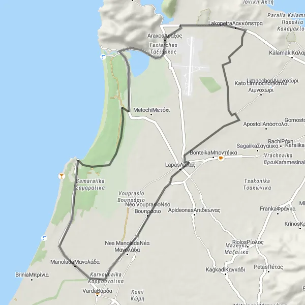 Map miniature of "Manoláda and Surroundings" cycling inspiration in Dytiki Elláda, Greece. Generated by Tarmacs.app cycling route planner