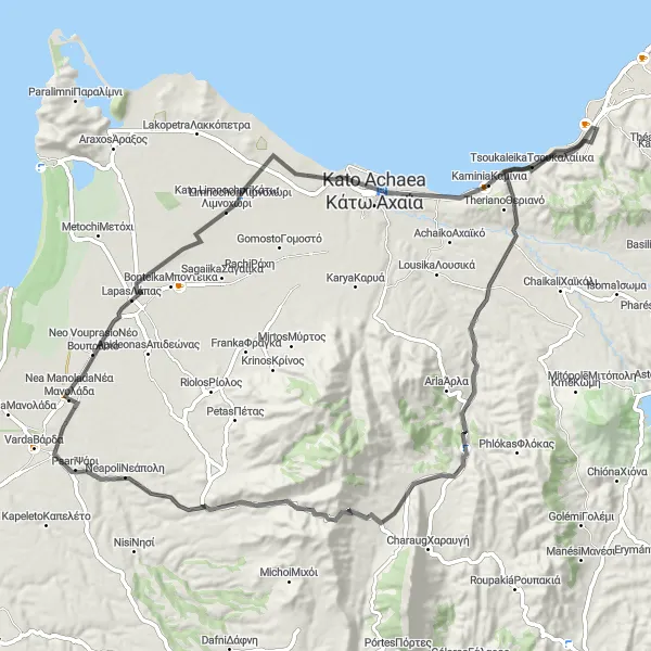 Map miniature of "Nea Manolada and Kaminia Loop" cycling inspiration in Dytiki Elláda, Greece. Generated by Tarmacs.app cycling route planner