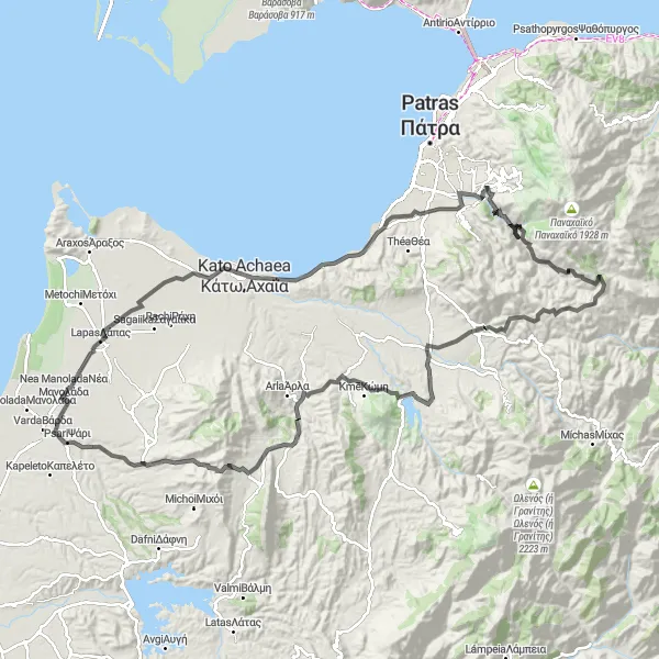 Map miniature of "Three Village Loop with Halandritsa" cycling inspiration in Dytiki Elláda, Greece. Generated by Tarmacs.app cycling route planner