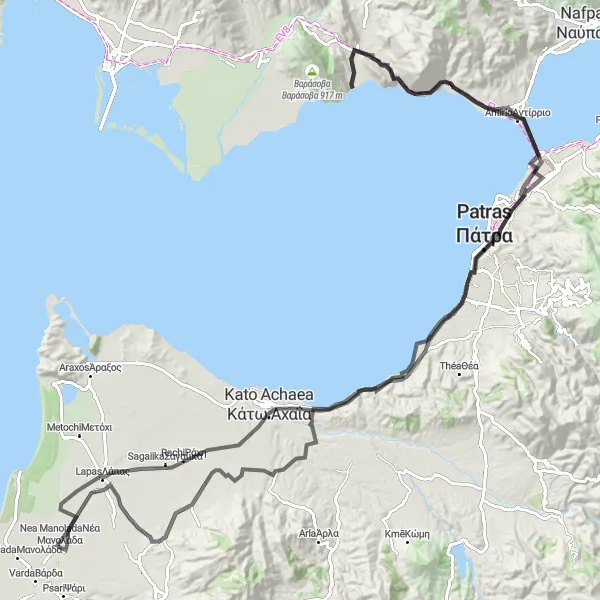 Map miniature of "Patras and Bridge View" cycling inspiration in Dytiki Elláda, Greece. Generated by Tarmacs.app cycling route planner