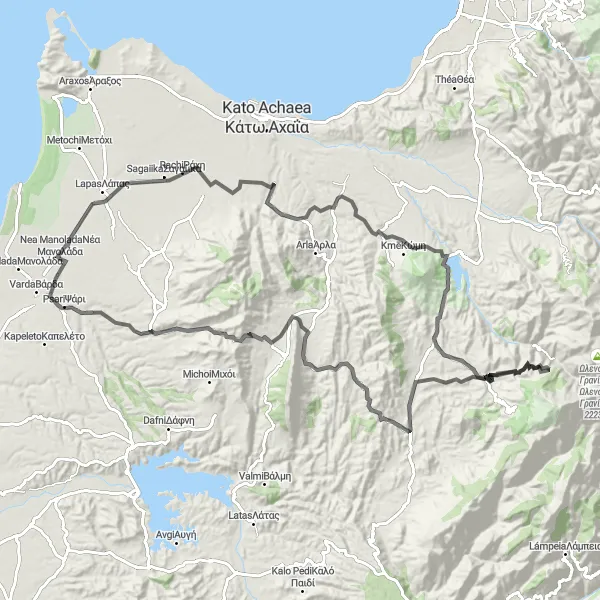 Map miniature of "Thrilling Mountainous Adventure" cycling inspiration in Dytiki Elláda, Greece. Generated by Tarmacs.app cycling route planner