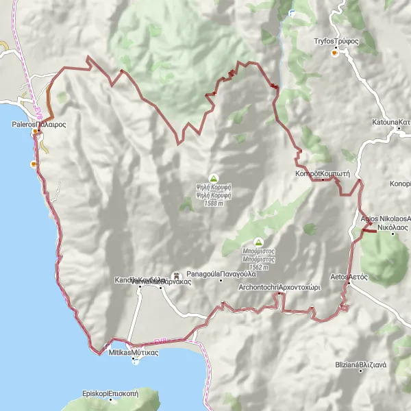 Map miniature of "Exploring Gravel Routes near Pálairos" cycling inspiration in Dytiki Elláda, Greece. Generated by Tarmacs.app cycling route planner