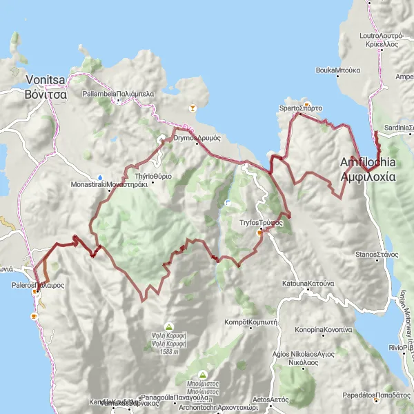 Map miniature of "The Gravel Adventure through Sklavaina, Amfilochia, and Tryfos" cycling inspiration in Dytiki Elláda, Greece. Generated by Tarmacs.app cycling route planner