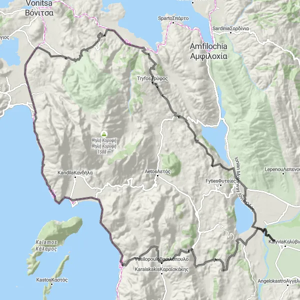 Map miniature of "The Ultimate Road Cycling Adventure: Monastiráki, Tryfos, and Πάλαιρος" cycling inspiration in Dytiki Elláda, Greece. Generated by Tarmacs.app cycling route planner