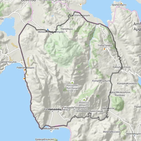 Map miniature of "Pálairos Loop" cycling inspiration in Dytiki Elláda, Greece. Generated by Tarmacs.app cycling route planner