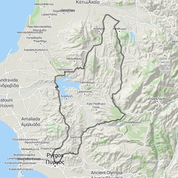 Map miniature of "Pyrgos and Beyond" cycling inspiration in Dytiki Elláda, Greece. Generated by Tarmacs.app cycling route planner