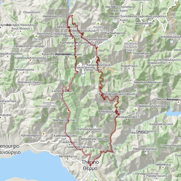 Map miniature of "Gravel Route from Thermo to Liakoura" cycling inspiration in Dytiki Elláda, Greece. Generated by Tarmacs.app cycling route planner