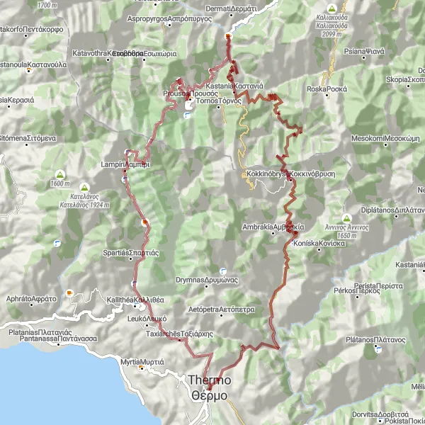 Map miniature of "Gravel Route from Thermo to Monastiri" cycling inspiration in Dytiki Elláda, Greece. Generated by Tarmacs.app cycling route planner