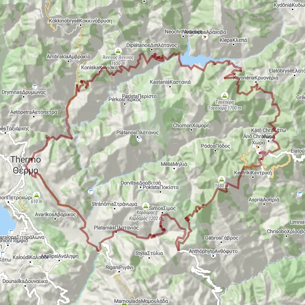 Map miniature of "Thérmo Gravel Adventure Loop" cycling inspiration in Dytiki Elláda, Greece. Generated by Tarmacs.app cycling route planner
