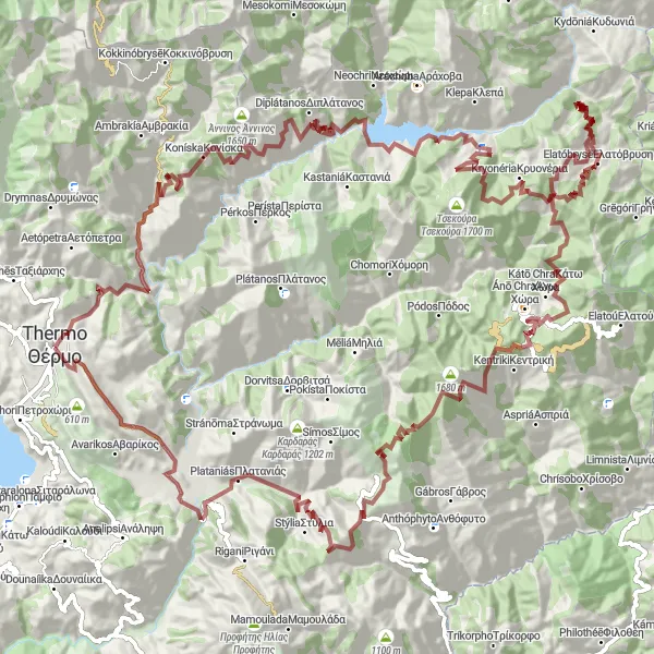 Map miniature of "Thérmo Gravel Epic Adventure" cycling inspiration in Dytiki Elláda, Greece. Generated by Tarmacs.app cycling route planner