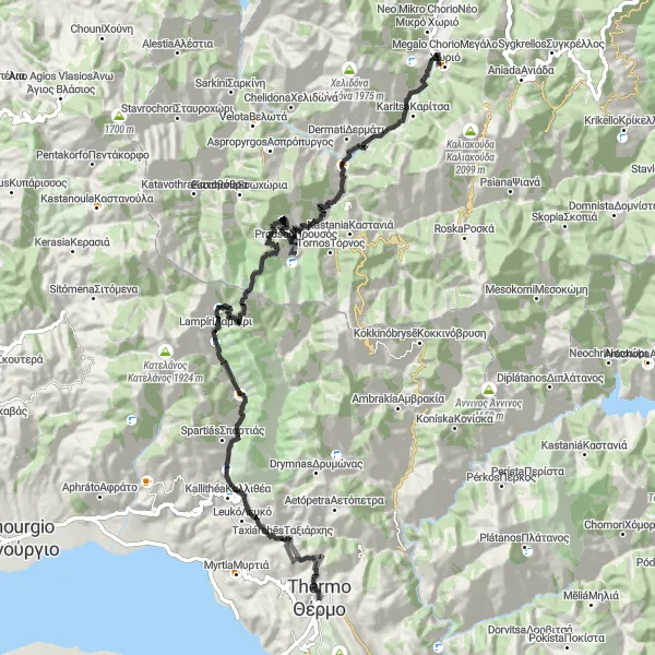 Map miniature of "Road Route from Thermo to Prousos" cycling inspiration in Dytiki Elláda, Greece. Generated by Tarmacs.app cycling route planner