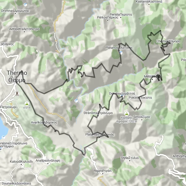 Map miniature of "Road Route from Thermo to Melios" cycling inspiration in Dytiki Elláda, Greece. Generated by Tarmacs.app cycling route planner