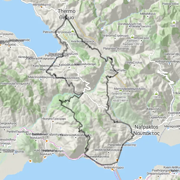 Map miniature of "Road Route from Thermo to Temple of Apollo" cycling inspiration in Dytiki Elláda, Greece. Generated by Tarmacs.app cycling route planner