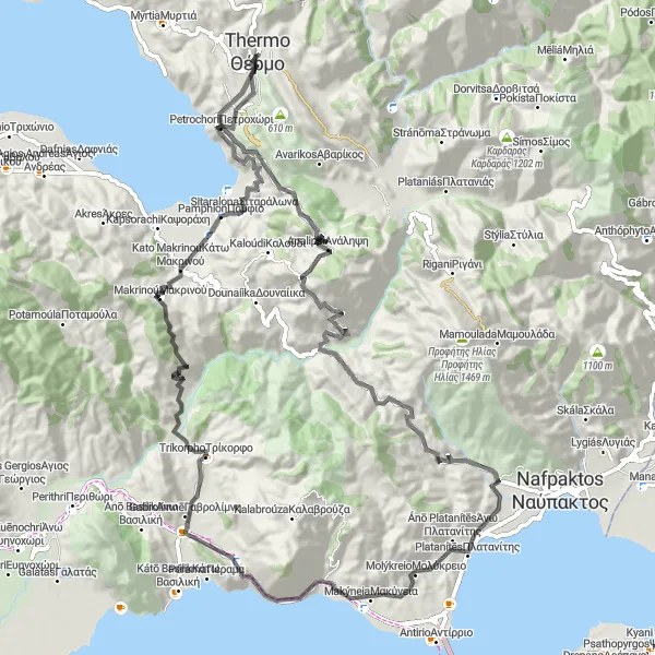 Map miniature of "Thérmo Road Discoveries" cycling inspiration in Dytiki Elláda, Greece. Generated by Tarmacs.app cycling route planner