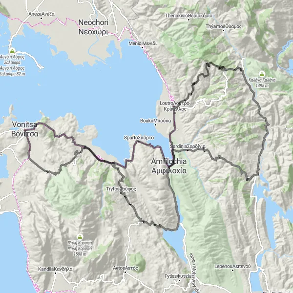 Map miniature of "The Sardinia Loop" cycling inspiration in Dytiki Elláda, Greece. Generated by Tarmacs.app cycling route planner