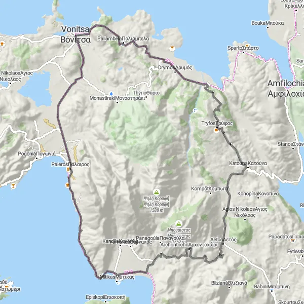 Map miniature of "The Mitikas Loop" cycling inspiration in Dytiki Elláda, Greece. Generated by Tarmacs.app cycling route planner